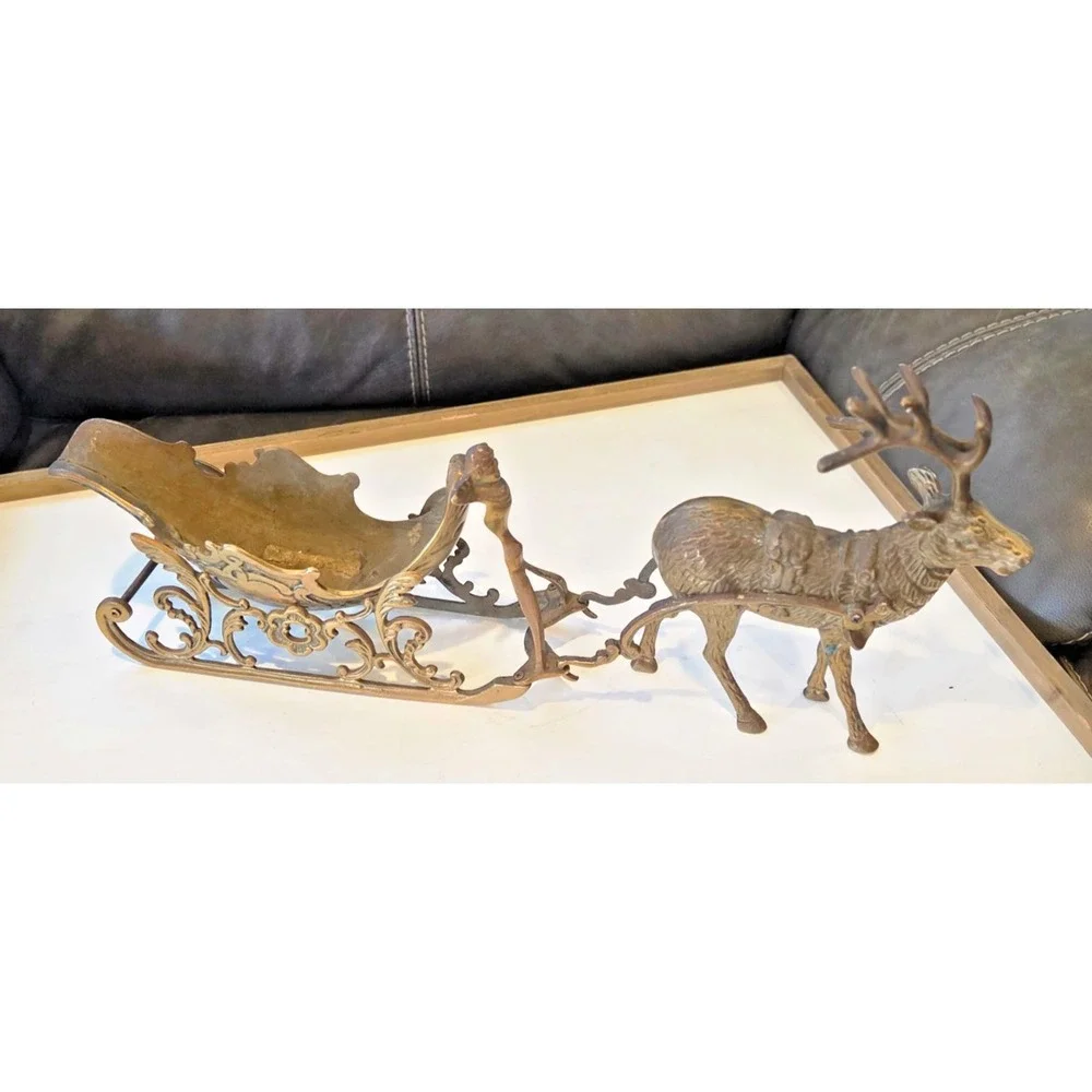 Vintage Solid Brass Christmas Reindeer and Sleigh 22